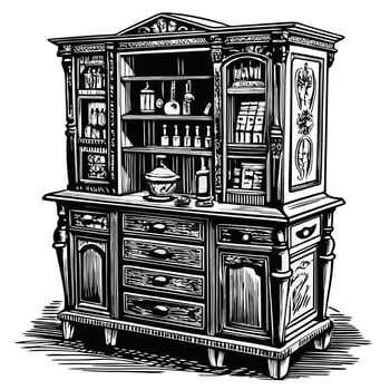Vintage Apothecary Cabinet Illustration Rustic Woodcut Style Interior Design vector