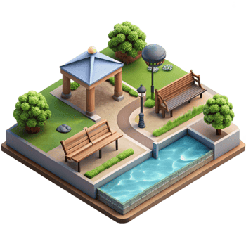 dramatic classic Urban Riverfront Park Isometric View Isolated Transparent Background high resolution png
