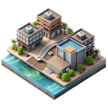 beautiful classic Urban Waterfront Development Isometric View Isolated Transparent Background original png