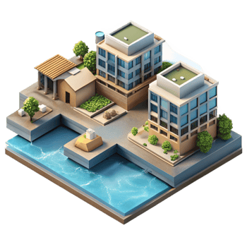 vibrant rustic Urban Waterfront Development Isometric View Isolated Transparent Background png