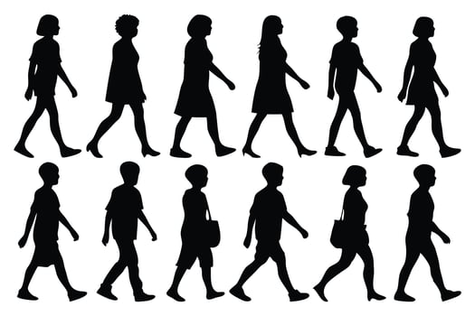 People walking along silhouettes set isolated flat illustration on white background vector