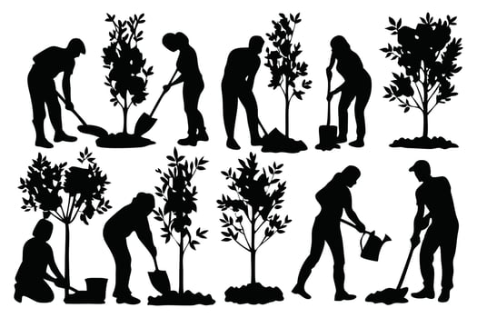 People planting trees various poses silhouettes set isolated flat illustration on white background. vector