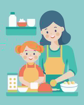 Cheerful Scene Mother And Daughter Baking Treats In Kitchen vector
