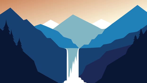 Beautiful waterfall flowing from a mountain framed by the serene natural environment flat illustration vector