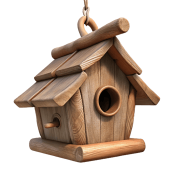 dramatic contemporary Wooden Birdhouse Hanging From Tree Branch Cutout authentic png
