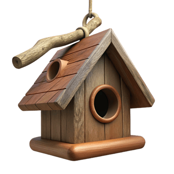 serene creative Wooden Birdhouse Hanging From Tree Branch Cutout original png