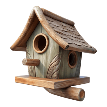 wonderful minimalist Wooden Birdhouse on Branch Side Angle Transparent Background genuine png
