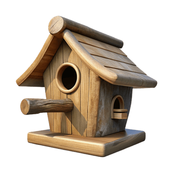 serene rustic Wooden Birdhouse on Branch Side Angle Transparent Background authentic png