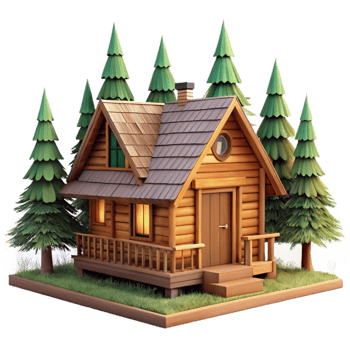 serene creative Wooden Cabin in Forest Front View Transparent Background high resolution png