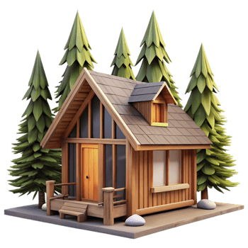 elegant minimalist Wooden Cabin in Forest Front View Transparent Background high quality png