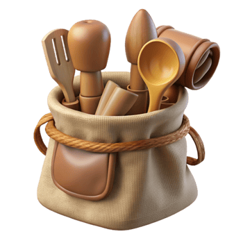 beautiful traditional Wooden Utensils Set with Cloth Bag Isolated exclusive png