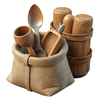 extraordinary vintage Wooden Utensils Set with Cloth Bag Isolated premium png
