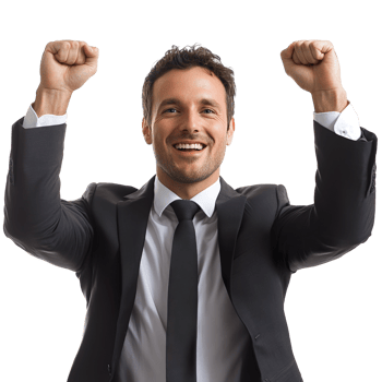 Exultant businessman with arms raised isolated on transparent background png