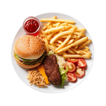 Fast food meal on white plate isolated on transparent background png