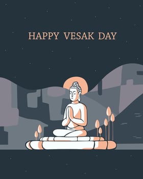 Asian Buddha in lotus position on the background of mountains meditates. Greeting card for Buddha's birthday, Vesak holiday. Stylish minimalistic poster with text Happy Vesak Day vector