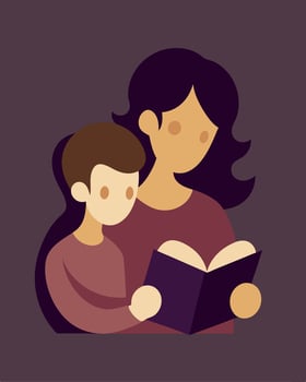 Happy Mothers Day Illustration Mother Narrating A Classic Book To Her Child In A Cozy Environment vector