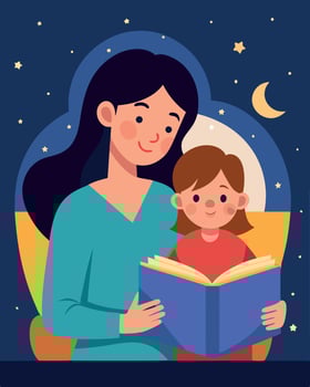 Happy Mothers Day Illustration Mother Reading A Bedtime Story To Her Child In A Cozy Corner vector