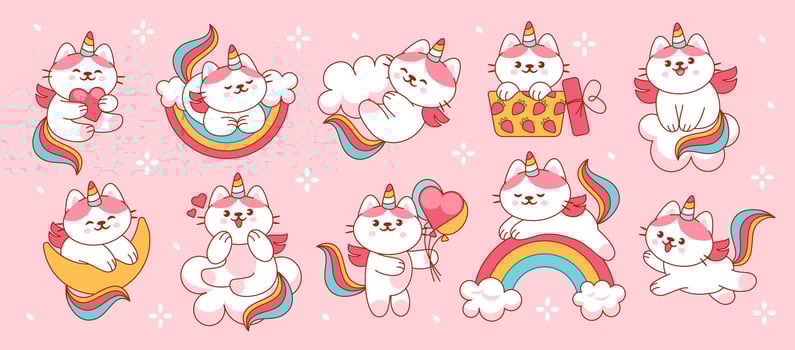 Cute unicorn cat. Kawaii kitten unicorns. Cartoon fairy tale little caticorns on rainbow, on cloud. Doodle fantasy baby animal characters. Funny Meow stickers vector