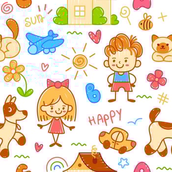 Child painting pattern. Creative kids painting seamless print with sun, cloud, dog, cat. Wallpaper with doodle pencil illustration. crayon background vector