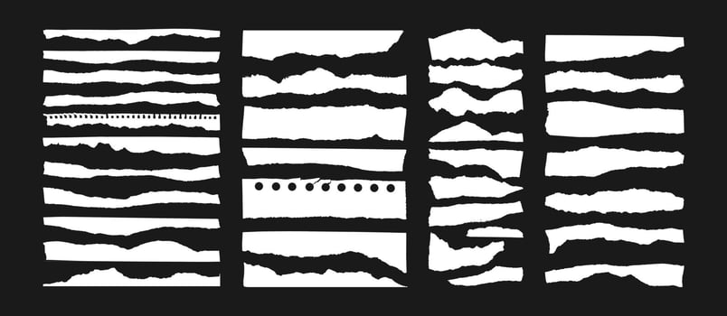 Torn paper. Ripped edges. Paper texture rough surface. Kraft scrapbook, collage art, hand torn notebook sheets, jagged edge page. Handmade cardstock overlays set vector