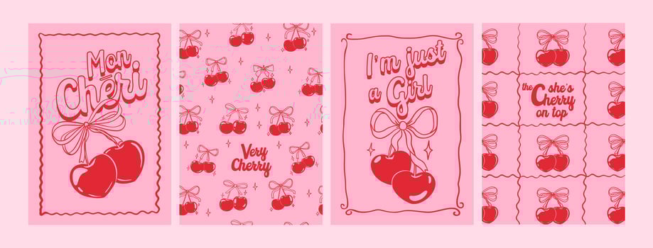 Cherry poster. Retro coquette cherries with ribbon. Trendy girly slogan, girl fashion, typography. Cards with red romantic fruit. Cherries with bow, text. Woman print vector