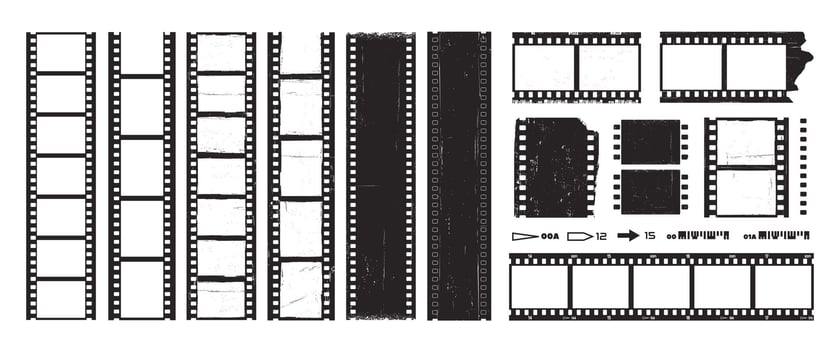 Film strip. Grunge movie strips. Retro effect footage. Vintage old cinema reels. Classic photography strip frames with distressed texture, scratches. set vector