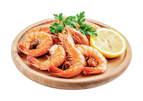 Delicious grilled shrimp with lemon and parsley on wooden plate png