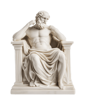 Marble statue of a seated philosopher with classic greek features and thoughtful pose png