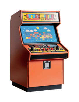 Retro arcade machine with colorful graphics and joystick controls png