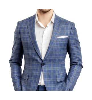 Young caucasian male in blue checkered suit and white shirt png