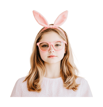 Caucasian young girl with bunny ears headband and glasses on white background png