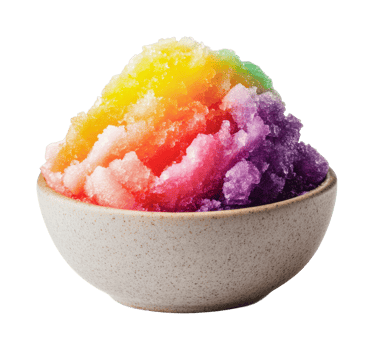 Vibrant rainbow shaved ice in ceramic bowl on black background png