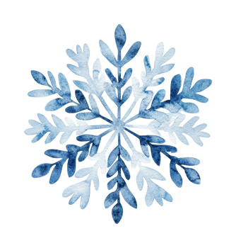 Intricate blue and white snowflake with watercolor texture on black background png