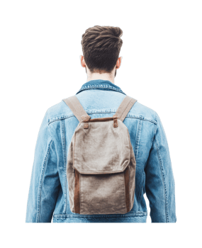 Young caucasian male teen with backpack in denim jacket facing away png