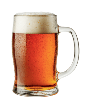 Frosty mug of amber ale with foam against black background png