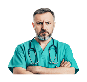 Serious caucasian male doctor with beard in green scrubs and stethoscope png