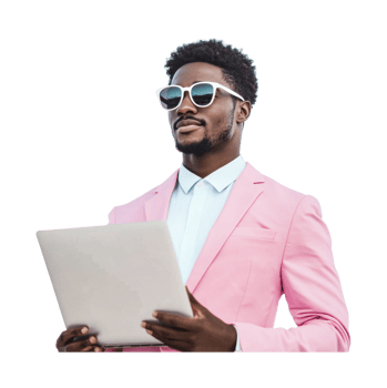 Confident young african male in pink suit holding laptop with sunglasses png