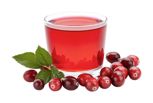 Fresh cranberry juice with whole berries and leaves on white background png