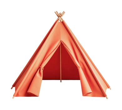 Orange canvas teepee tent with wooden poles png