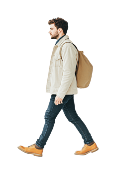 Young caucasian male with backpack walking side view png
