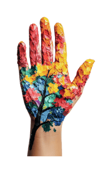 Colorful painted hand with tree design and bright leaves png