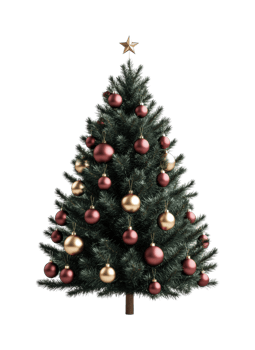 Festive christmas tree with red and gold ornaments and star topper png