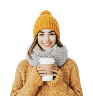 Young caucasian female smiling in warm knitwear with hot drink png