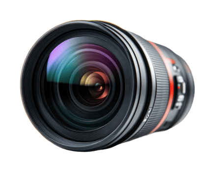 Close-up of professional camera lens with colorful reflections png