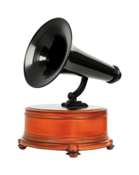 Vintage gramophone with black horn on wooden base isolated on white png