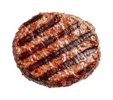 Grilled juicy beef burger patty with charred grill marks on black background png