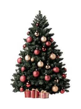Decorated christmas tree with red and gold ornaments and gift boxes png