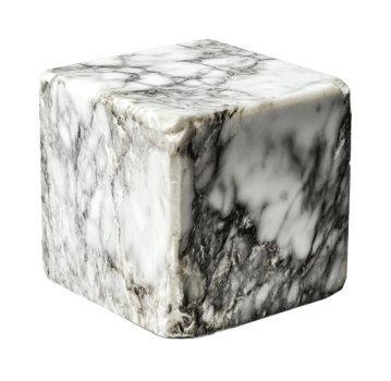 White and gray marble cube with natural veining patterns isolated on black png