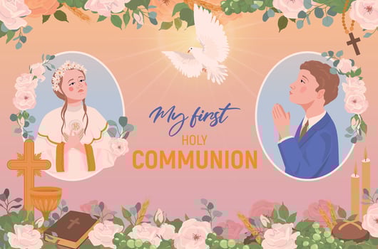Invitation for First Communion. church attributes. Boy and girl praying. Grail, church bread, wine, Bible, rosary, crucifix, flowers, decorated altar. Symbols of Christian faith. vector