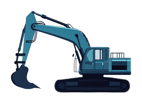 Blue excavator construction equipment with large arm png